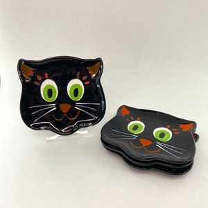 Set of 4 Cute Black Cat Face with Green Eyes Ceramic Appetizer Plates